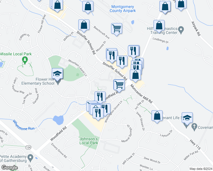 map of restaurants, bars, coffee shops, grocery stores, and more near 7903 Coriander Drive in Gaithersburg