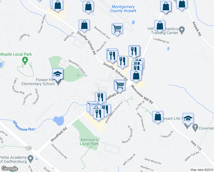 map of restaurants, bars, coffee shops, grocery stores, and more near 7901 Coriander Drive in Gaithersburg