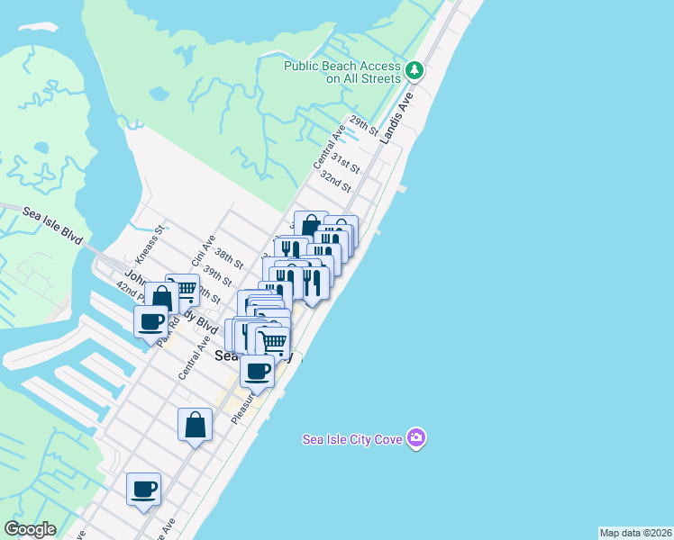 map of restaurants, bars, coffee shops, grocery stores, and more near Boardwalk in Sea Isle City