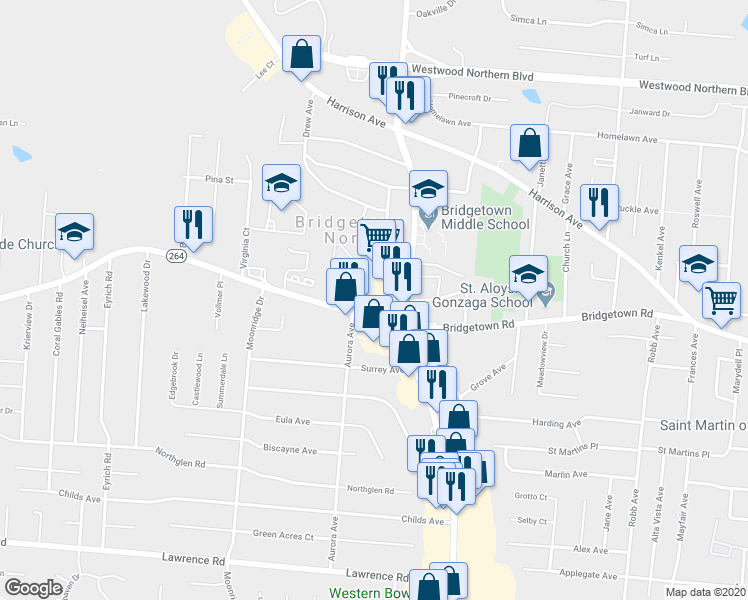 map of restaurants, bars, coffee shops, grocery stores, and more near 5536 Bridgetown Road in Cincinnati