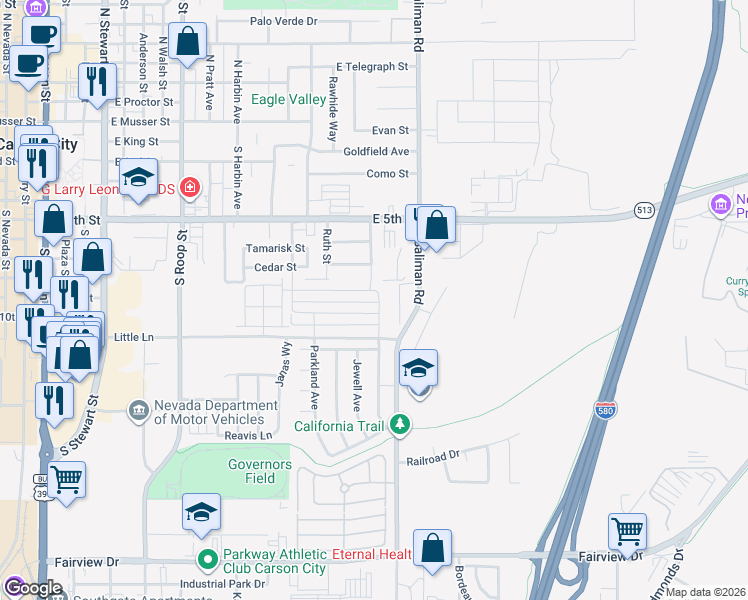 map of restaurants, bars, coffee shops, grocery stores, and more near 747 Street in Carson City