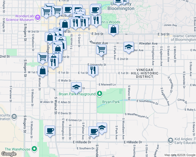 map of restaurants, bars, coffee shops, grocery stores, and more near 809 South Henderson Street in Bloomington
