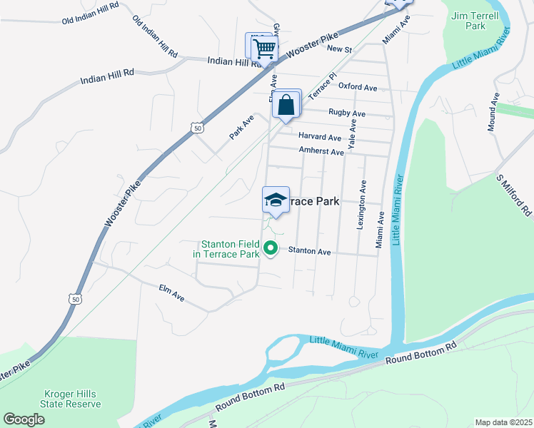 map of restaurants, bars, coffee shops, grocery stores, and more near in Terrace Park