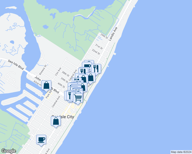 map of restaurants, bars, coffee shops, grocery stores, and more near 3500 Boardwalk in Sea Isle City
