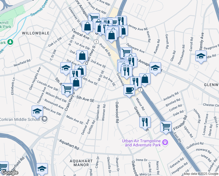 map of restaurants, bars, coffee shops, grocery stores, and more near 300 4th Avenue Southeast in Glen Burnie