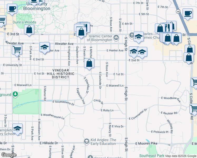 map of restaurants, bars, coffee shops, grocery stores, and more near 801 South Eastside Drive in Bloomington