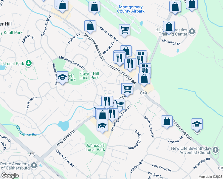 map of restaurants, bars, coffee shops, grocery stores, and more near 7911 Coriander Drive in Gaithersburg