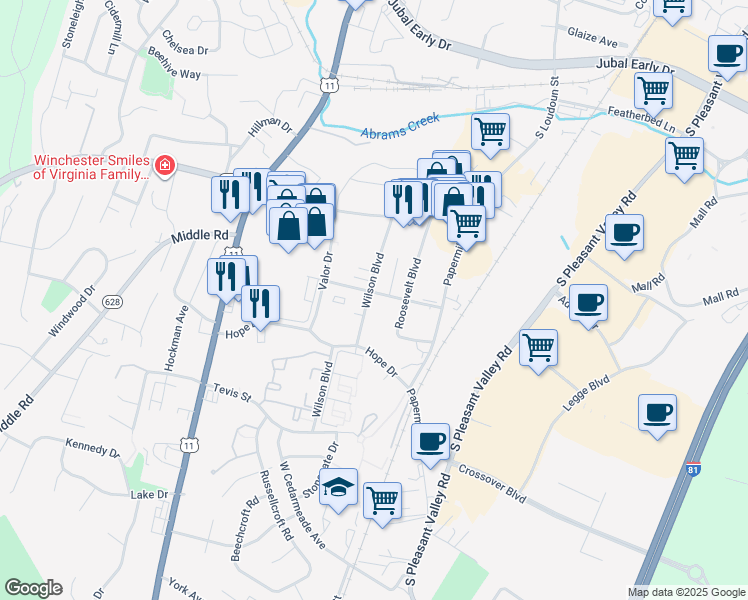 map of restaurants, bars, coffee shops, grocery stores, and more near 2261 Wilson Boulevard in Winchester