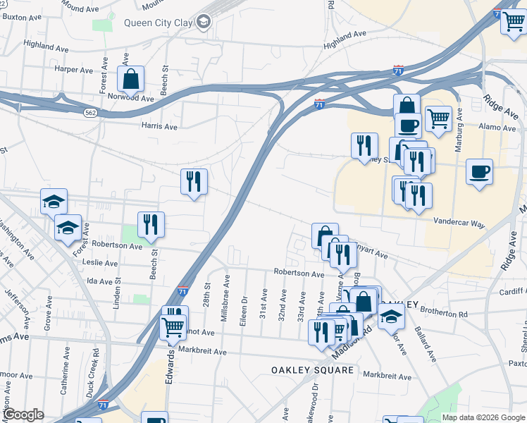 map of restaurants, bars, coffee shops, grocery stores, and more near 2931 Enyart Avenue in Cincinnati