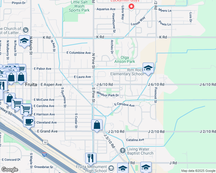 map of restaurants, bars, coffee shops, grocery stores, and more near 1183 Inverness Way in Fruita