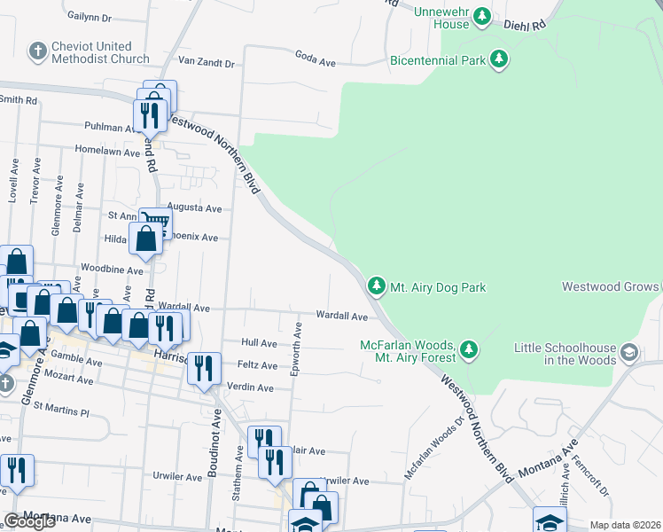 map of restaurants, bars, coffee shops, grocery stores, and more near 3040 Westwood Northern Boulevard in Cincinnati