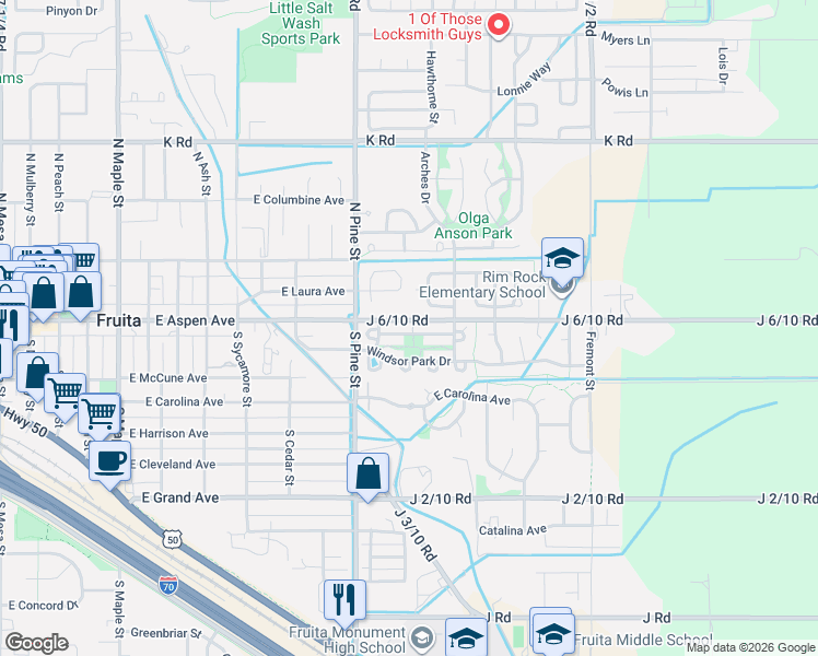 map of restaurants, bars, coffee shops, grocery stores, and more near J 6/10 Road in Fruita