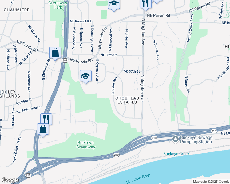 map of restaurants, bars, coffee shops, grocery stores, and more near 3531 North Lister Avenue in Kansas City