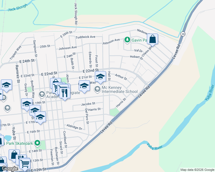 map of restaurants, bars, coffee shops, grocery stores, and more near 1106 Rideout Way in Marysville