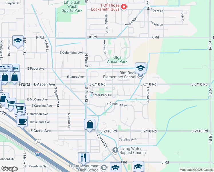 map of restaurants, bars, coffee shops, grocery stores, and more near J 6/10 Road in Fruita