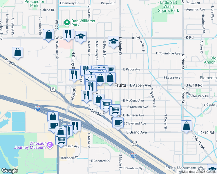 map of restaurants, bars, coffee shops, grocery stores, and more near in Fruita
