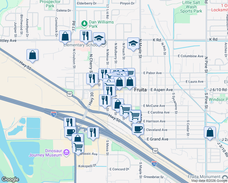 map of restaurants, bars, coffee shops, grocery stores, and more near 219 East Aspen Avenue in Fruita