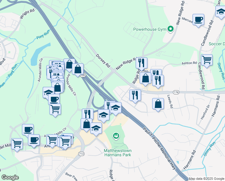 map of restaurants, bars, coffee shops, grocery stores, and more near 7514 Ridge Road in Hanover