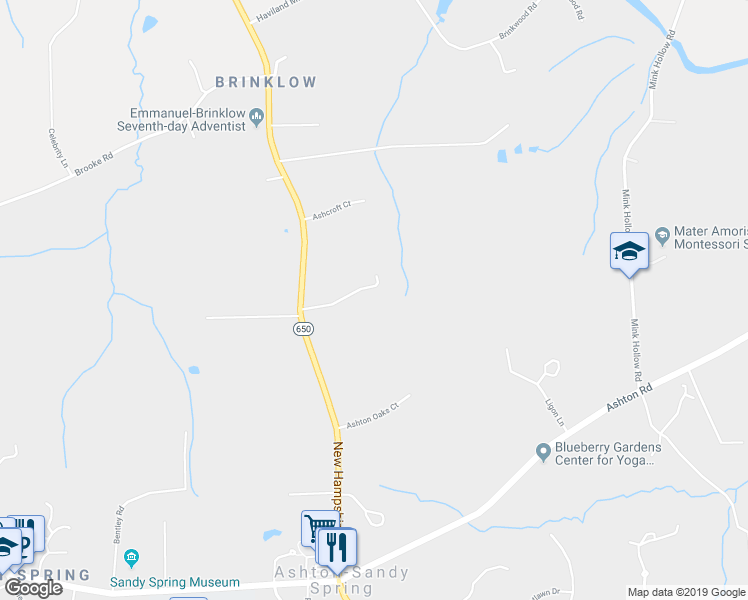 map of restaurants, bars, coffee shops, grocery stores, and more near 18421 New Hampshire Avenue in Ashton-Sandy Spring