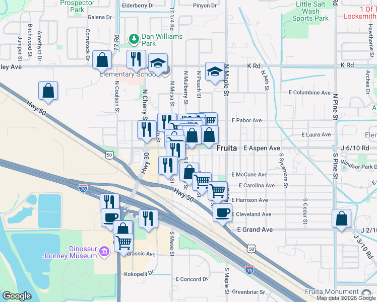 map of restaurants, bars, coffee shops, grocery stores, and more near 219 East Aspen Avenue in Fruita