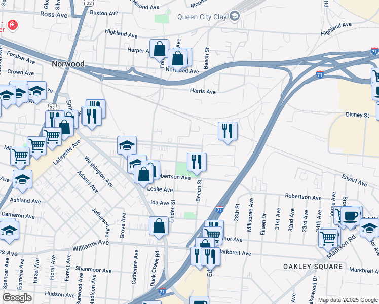 map of restaurants, bars, coffee shops, grocery stores, and more near 2625 Park Avenue in Cincinnati