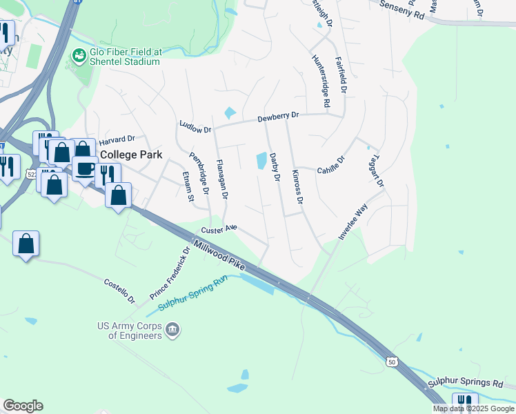 map of restaurants, bars, coffee shops, grocery stores, and more near 102 Stanley Circle in Winchester