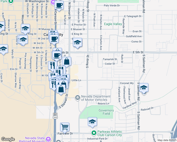 map of restaurants, bars, coffee shops, grocery stores, and more near 800 South Roop Street in Carson City