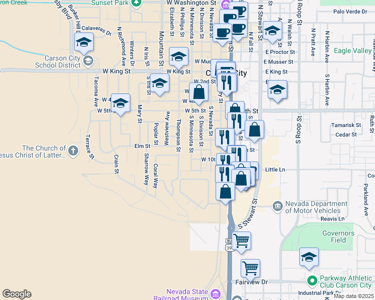 map of restaurants, bars, coffee shops, grocery stores, and more near 868 South Minnesota Street in Carson City
