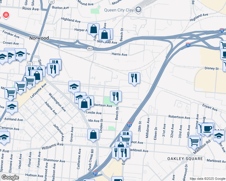 map of restaurants, bars, coffee shops, grocery stores, and more near 2625 Park Avenue in Cincinnati