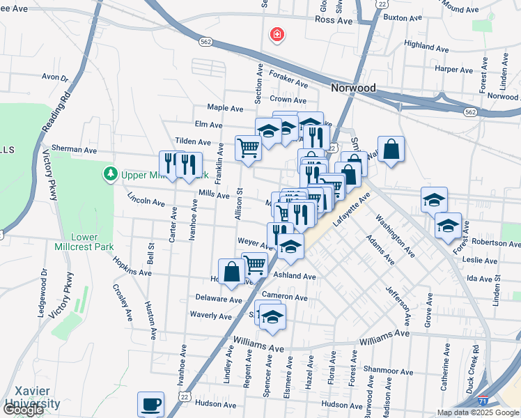 map of restaurants, bars, coffee shops, grocery stores, and more near 2023 Mills Avenue in Norwood