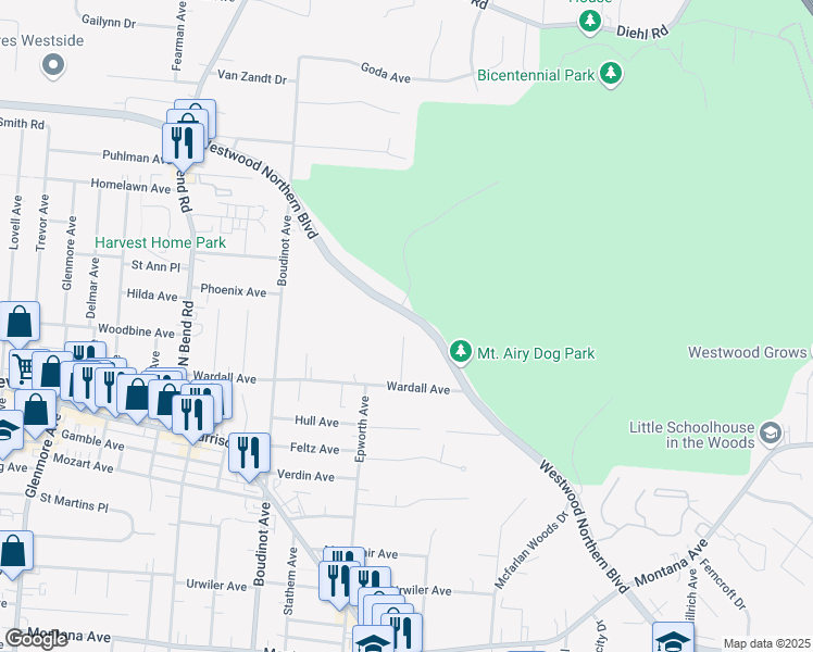 map of restaurants, bars, coffee shops, grocery stores, and more near 3040 Westwood Northern Boulevard in Cincinnati