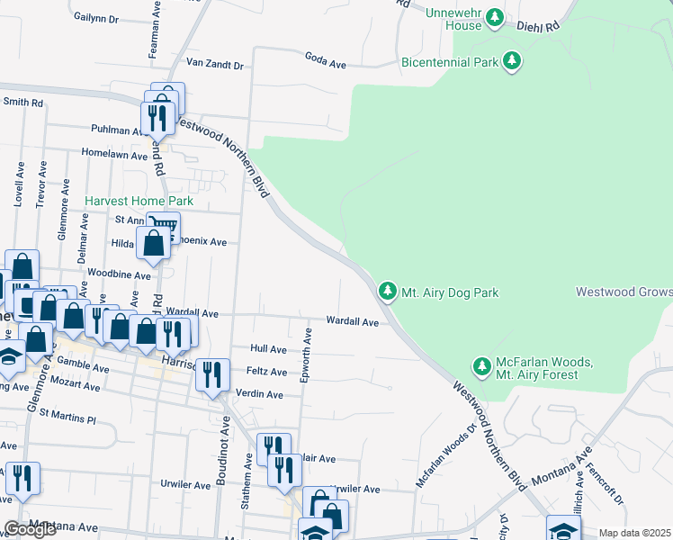 map of restaurants, bars, coffee shops, grocery stores, and more near 3040 Westwood Northern Boulevard in Cincinnati