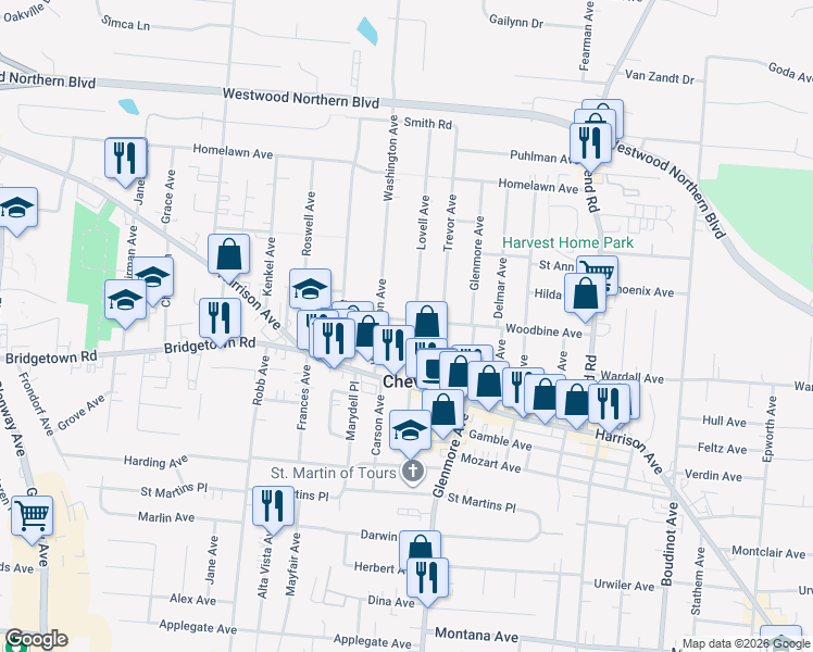 map of restaurants, bars, coffee shops, grocery stores, and more near 3902 Woodbine Avenue in Cincinnati