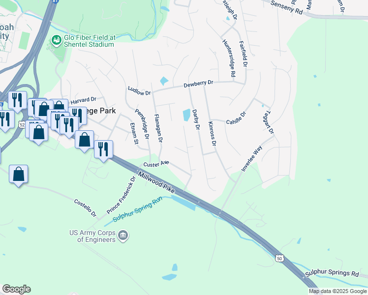 map of restaurants, bars, coffee shops, grocery stores, and more near 102 Stanley Circle in Winchester
