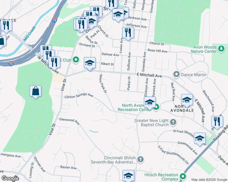 map of restaurants, bars, coffee shops, grocery stores, and more near 169 Wedgewood Avenue in Cincinnati