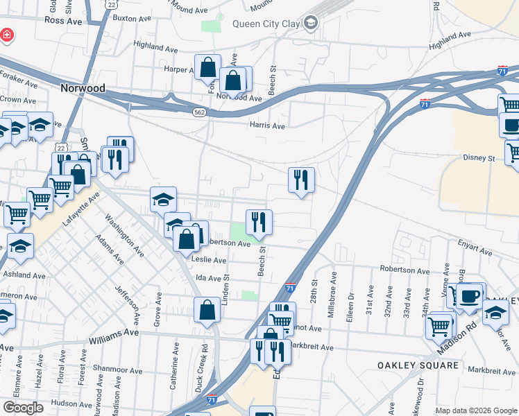 map of restaurants, bars, coffee shops, grocery stores, and more near 2625 Park Avenue in Cincinnati