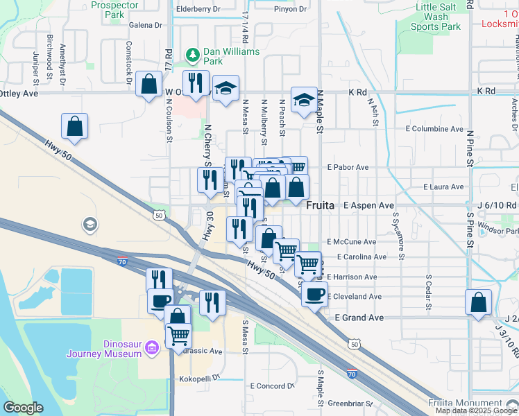 map of restaurants, bars, coffee shops, grocery stores, and more near 101 North Park Square in Fruita