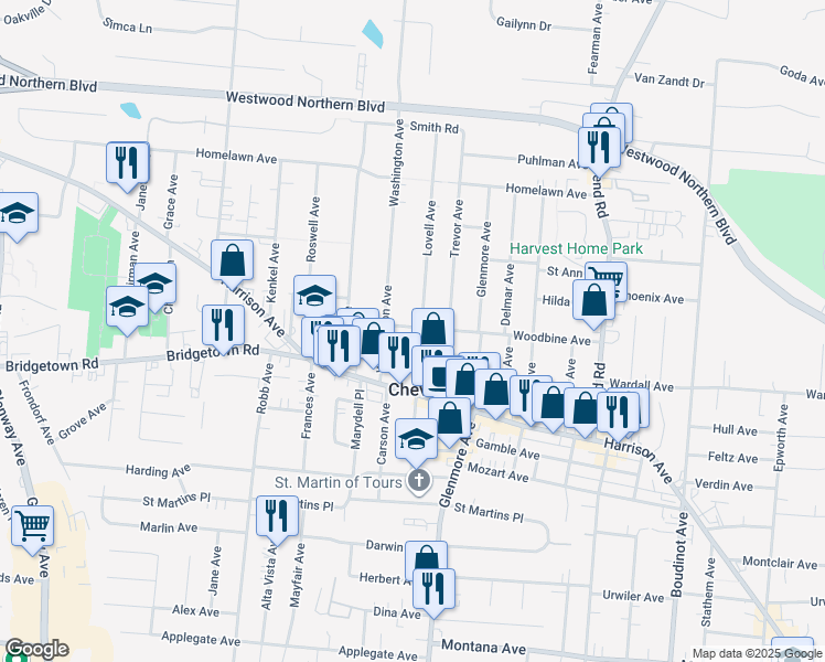 map of restaurants, bars, coffee shops, grocery stores, and more near 3902 Woodbine Avenue in Cincinnati