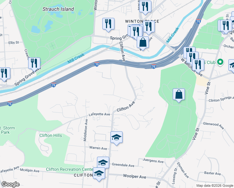 map of restaurants, bars, coffee shops, grocery stores, and more near 4010 Egbert Avenue in Cincinnati