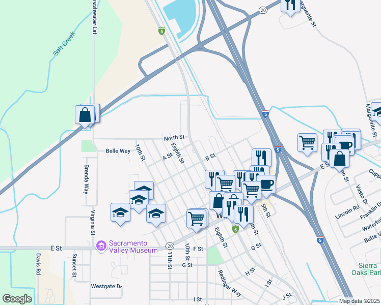 map of restaurants, bars, coffee shops, grocery stores, and more near 130 7th Street in Colusa