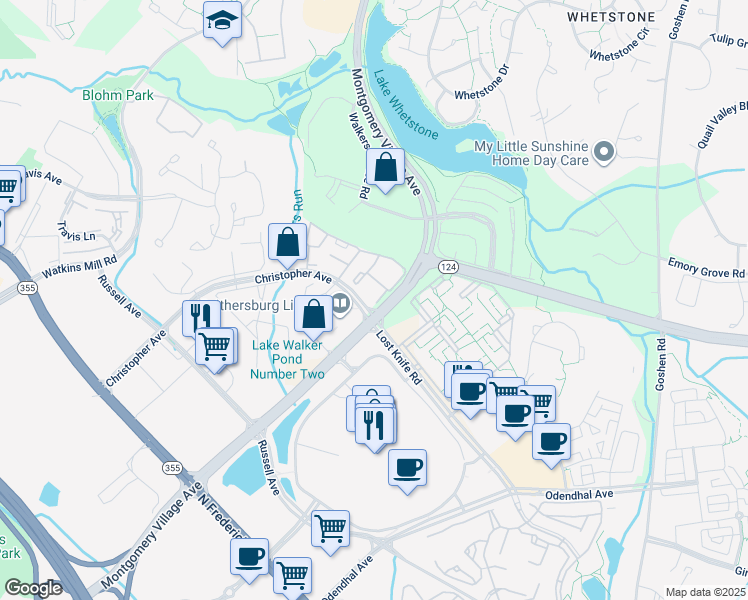 map of restaurants, bars, coffee shops, grocery stores, and more near 9759 Hellingly Place in Montgomery Village