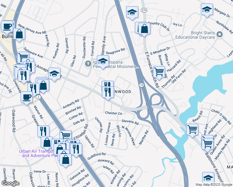 map of restaurants, bars, coffee shops, grocery stores, and more near 812 Bunch Avenue in Glen Burnie