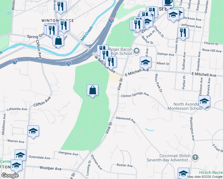 map of restaurants, bars, coffee shops, grocery stores, and more near 8 Parkwood Place in Cincinnati
