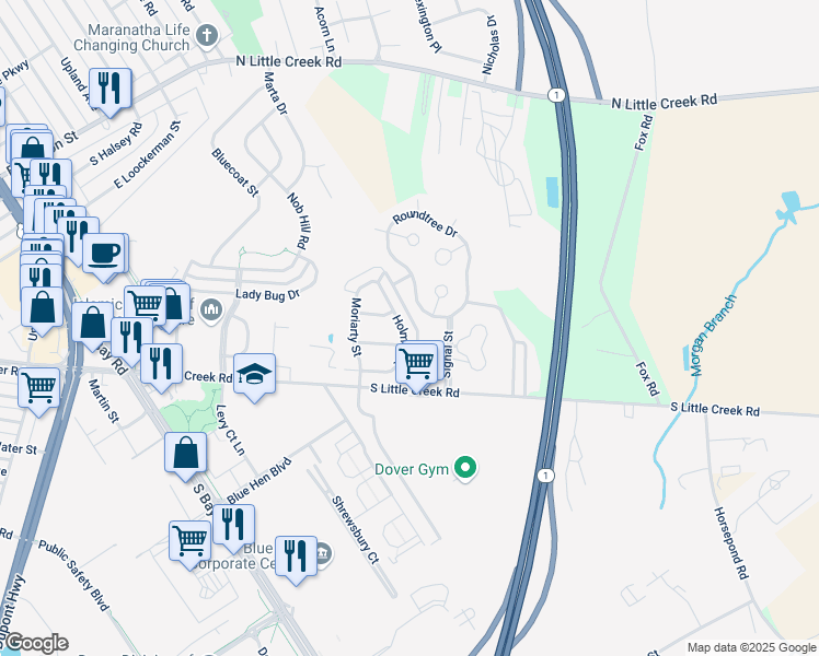 map of restaurants, bars, coffee shops, grocery stores, and more near 145 Holmes Street in Dover