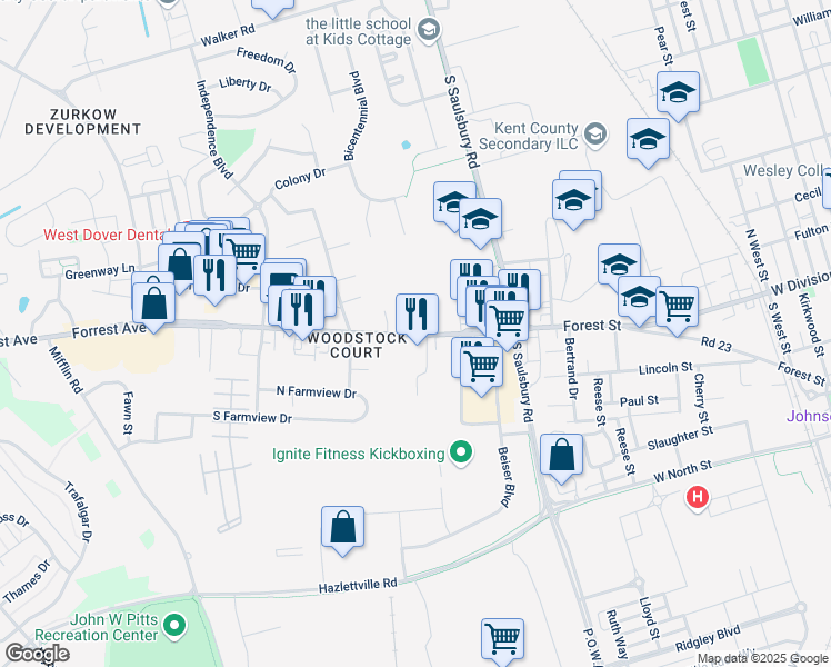 map of restaurants, bars, coffee shops, grocery stores, and more near in Dover