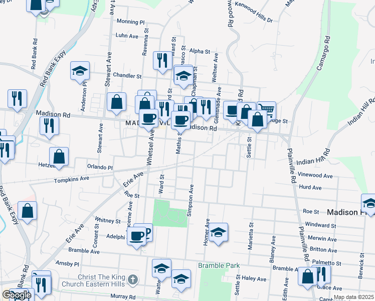 map of restaurants, bars, coffee shops, grocery stores, and more near 6119 Prentice Street in Cincinnati