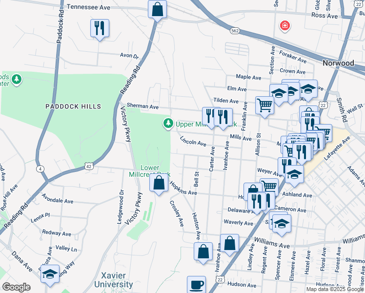 map of restaurants, bars, coffee shops, grocery stores, and more near 1703 Lincoln Avenue in Norwood