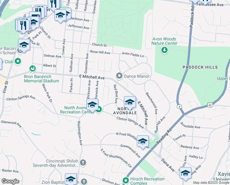map of restaurants, bars, coffee shops, grocery stores, and more near 4014 Red Bud Avenue in Cincinnati