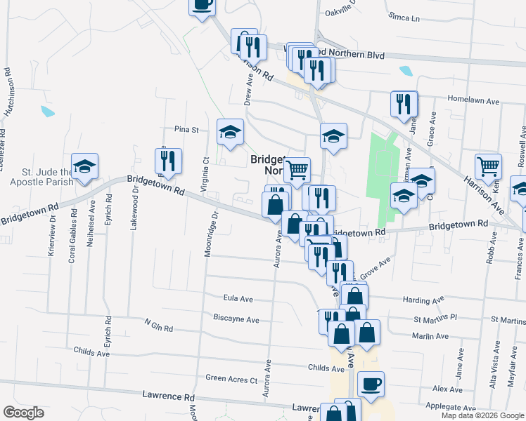 map of restaurants, bars, coffee shops, grocery stores, and more near 5606 Bridgetown Road in Cincinnati