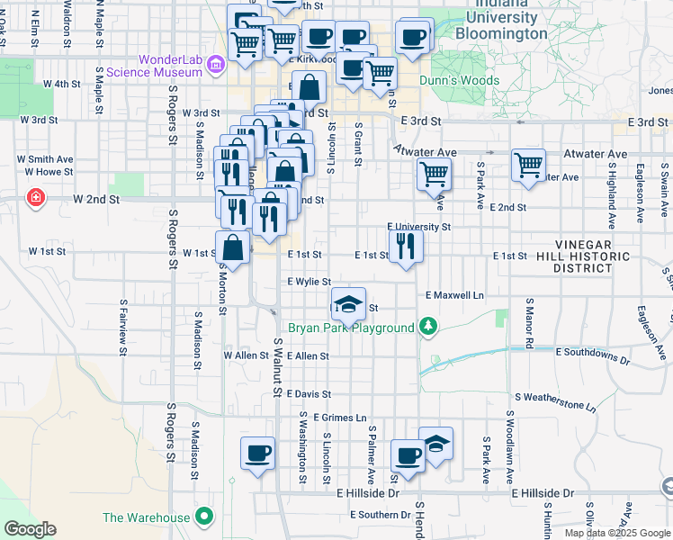 map of restaurants, bars, coffee shops, grocery stores, and more near 316 East 1st Street in Bloomington